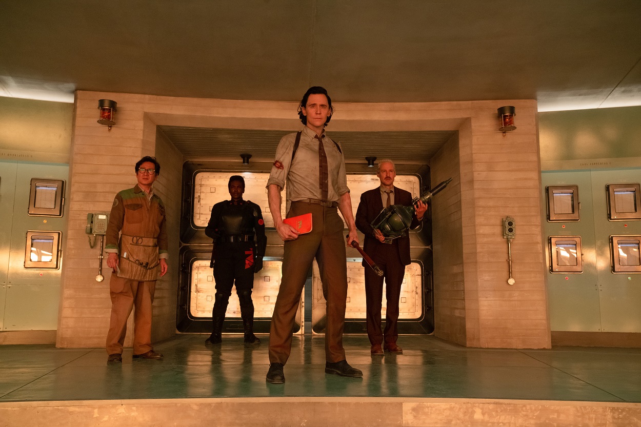 Ke Huy Quan as O.B., Wunmi Mosaku as Hunter B-15, Tom Hiddleston as Loki, and Owen Wilson as Mobius in Loki Season 2