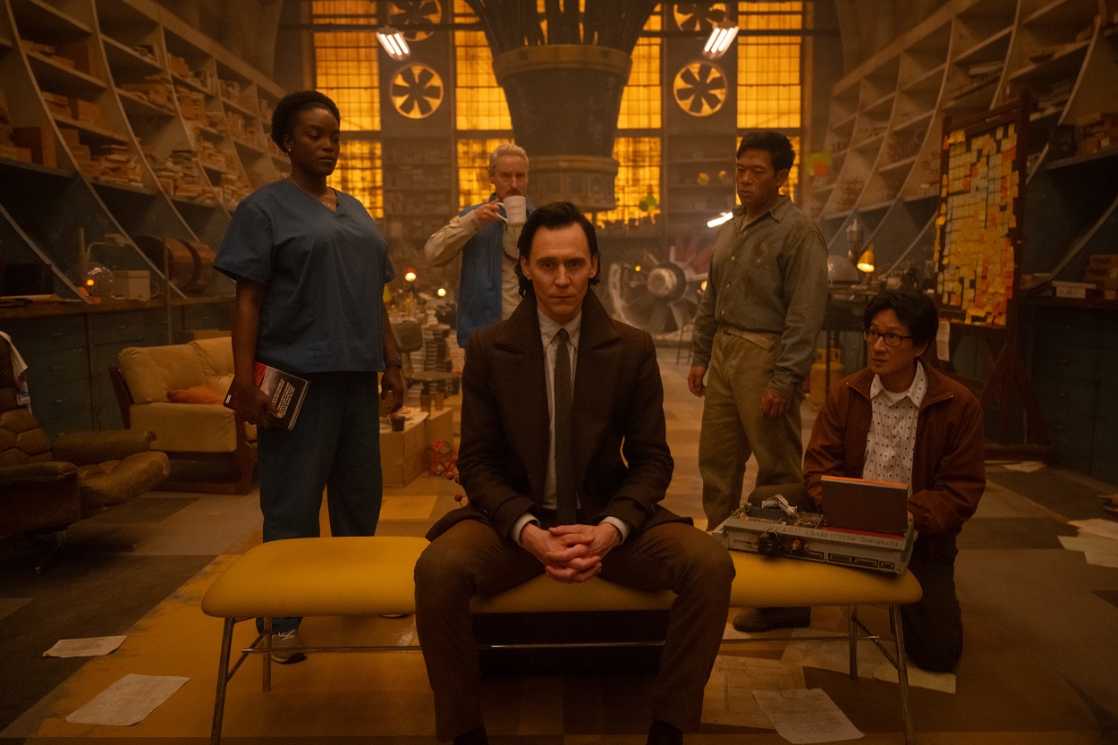 Wunmi Mosaku as Hunter B-15, Owen Wilson as Mobius, Tom Hiddleston as Loki, Eugene Cordero as Casey, and Ke Huy Quan as O.B. in Loki Season 2