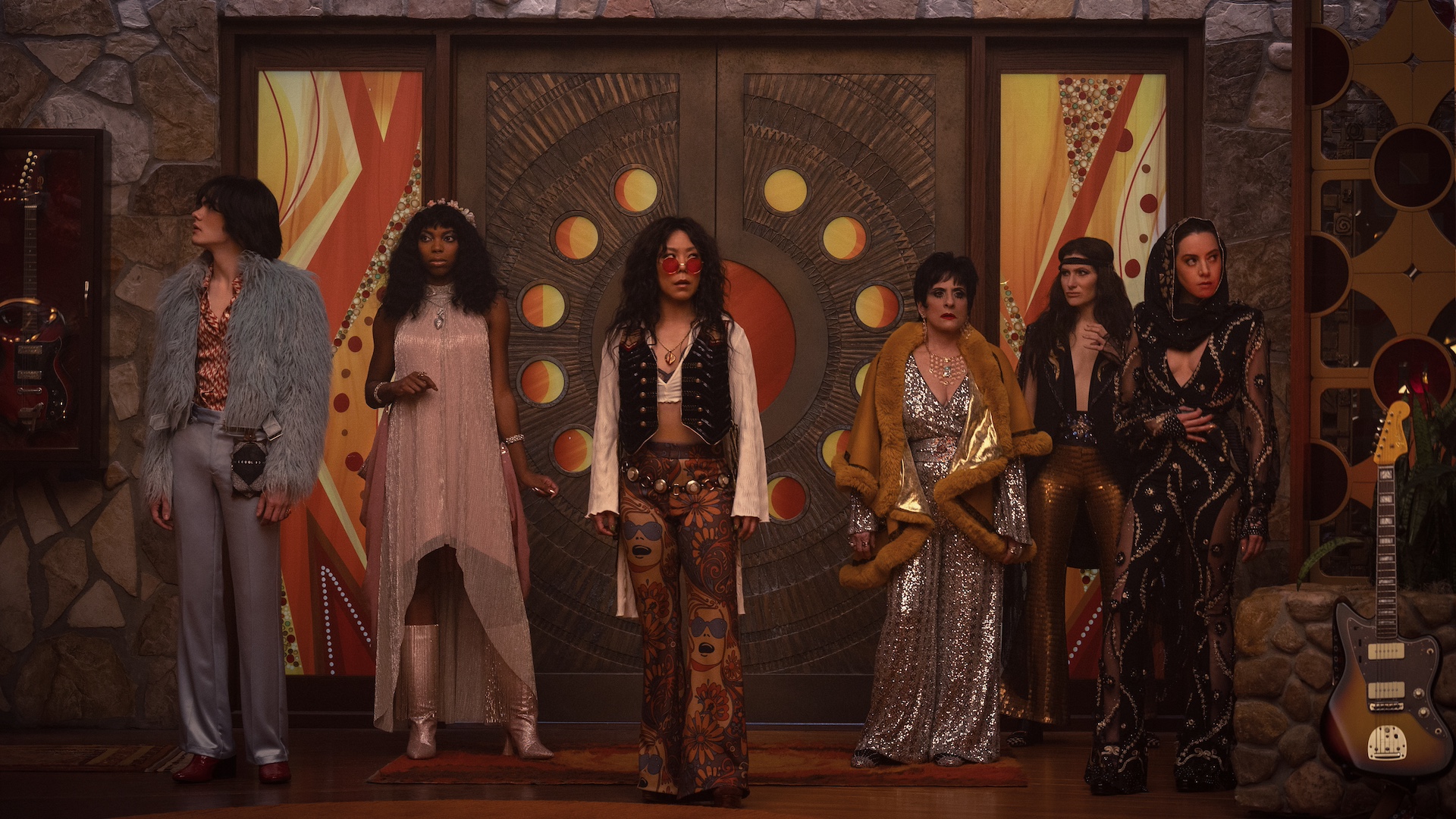 (L-R): Teen (Joe Locke), Jennifer Kale (Sasheer Zamata), Alice Wu-Gulliver (Ali Ahn), Lilia Calderu (Patti LuPone), Agatha Harkness (Kathryn Hahn), and Rio Vidal (Aubrey Plaza) in Marvel Television's AGATHA ALL ALONG, exclusively on Disney+.