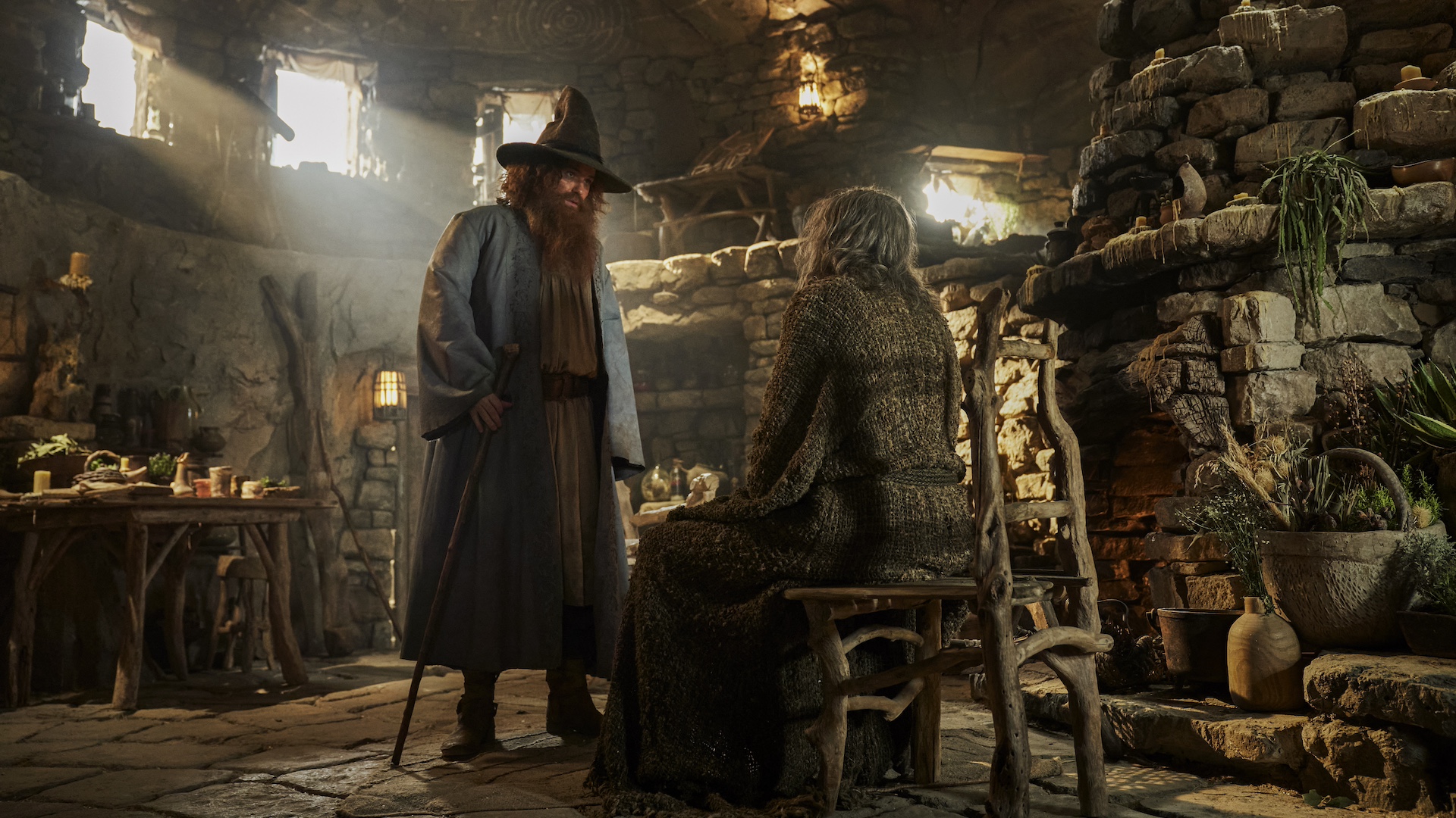 Rory Kinnear as “Tom Bombadil” (Left); Daniel Weyman as “The Stranger” (Right) in The Rings of Power season 2