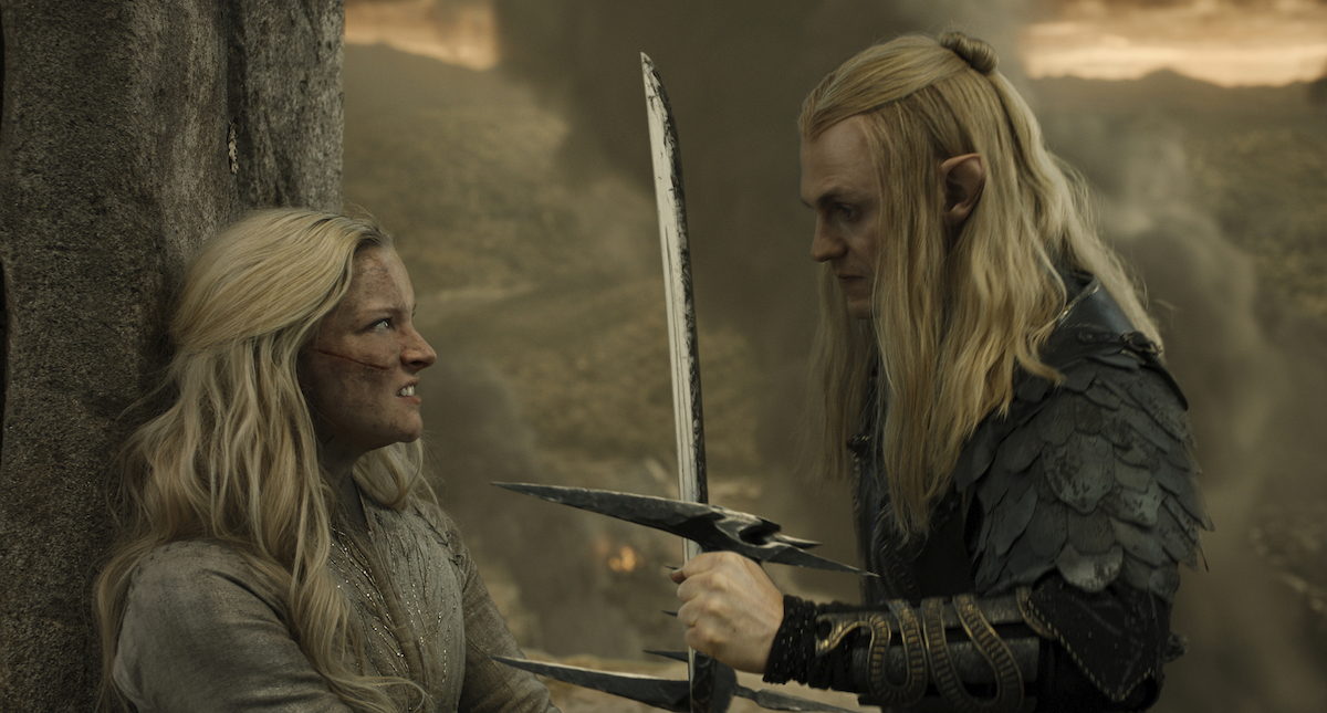 Morfydd Clark as Galadriel; Charlie Vickers as Sauron in The Rings of Power