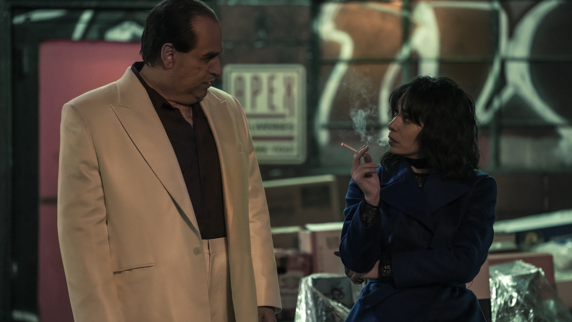 Oz Cobb (Colin Farrell) and Sofia Falcone (Cristin Milioti) in The Penguin