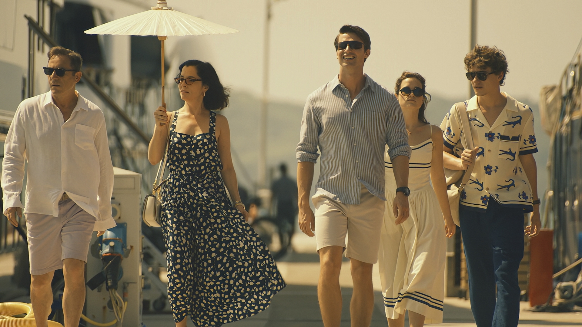 Jason Isaacs, Parker Posey, Patrick Schwarzenegger, Sarah Catherine Hook, Sam Nivola in season 3 of The White Lotus.