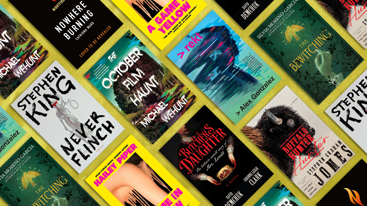 A selection of new horror movie book covers including Stephen King's Never Flinch