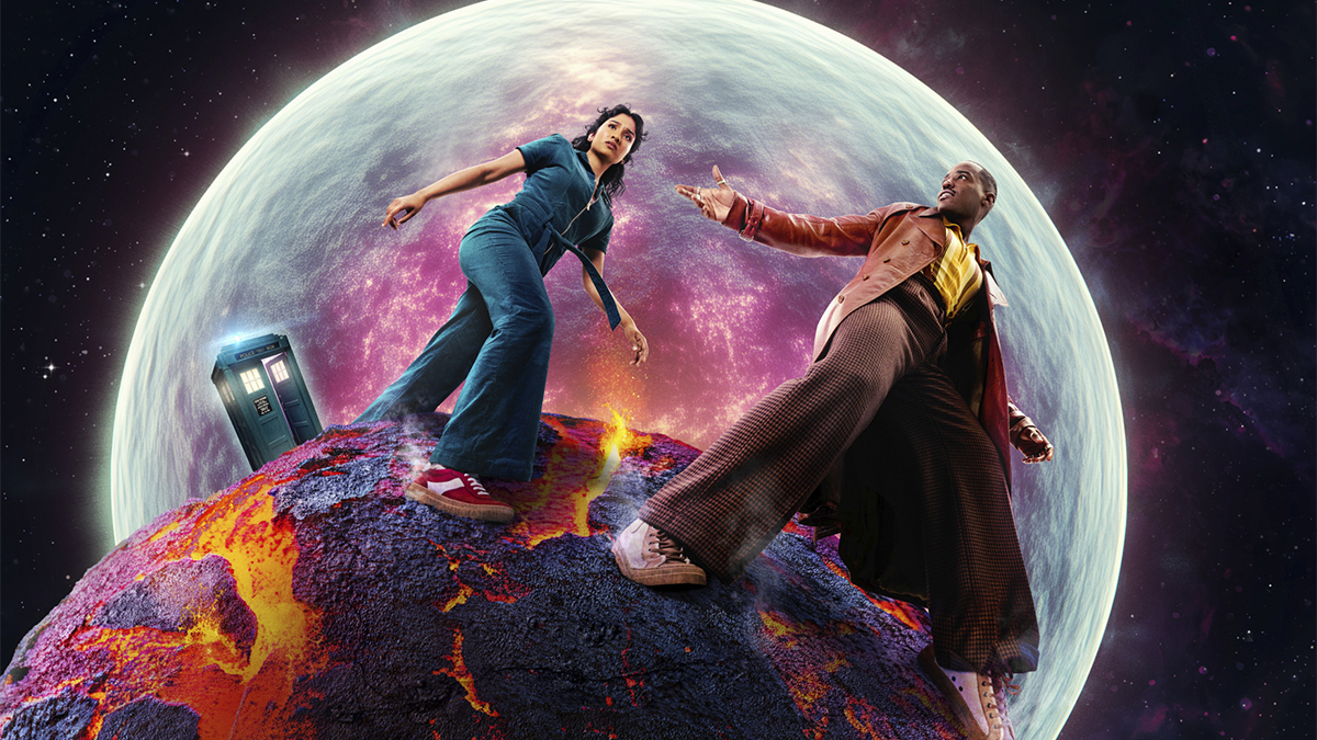 Varada Sethu and Ncuti Gatwa astride an alien planet with a moon behind them in the Doctor Who season 2 poster