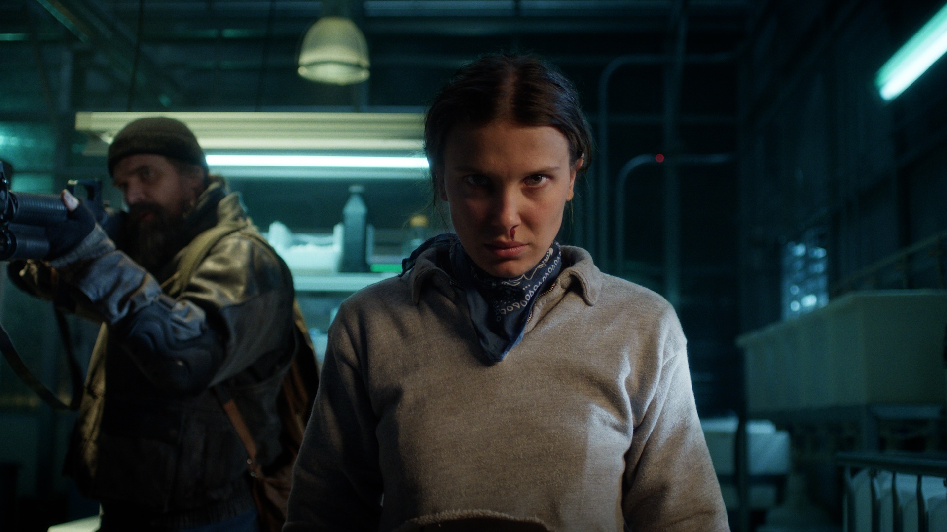 STRANGER THINGS. (L to R) David Harbour as Jim Hopper and Millie Bobby Brown as Eleven in STRANGER THINGS.