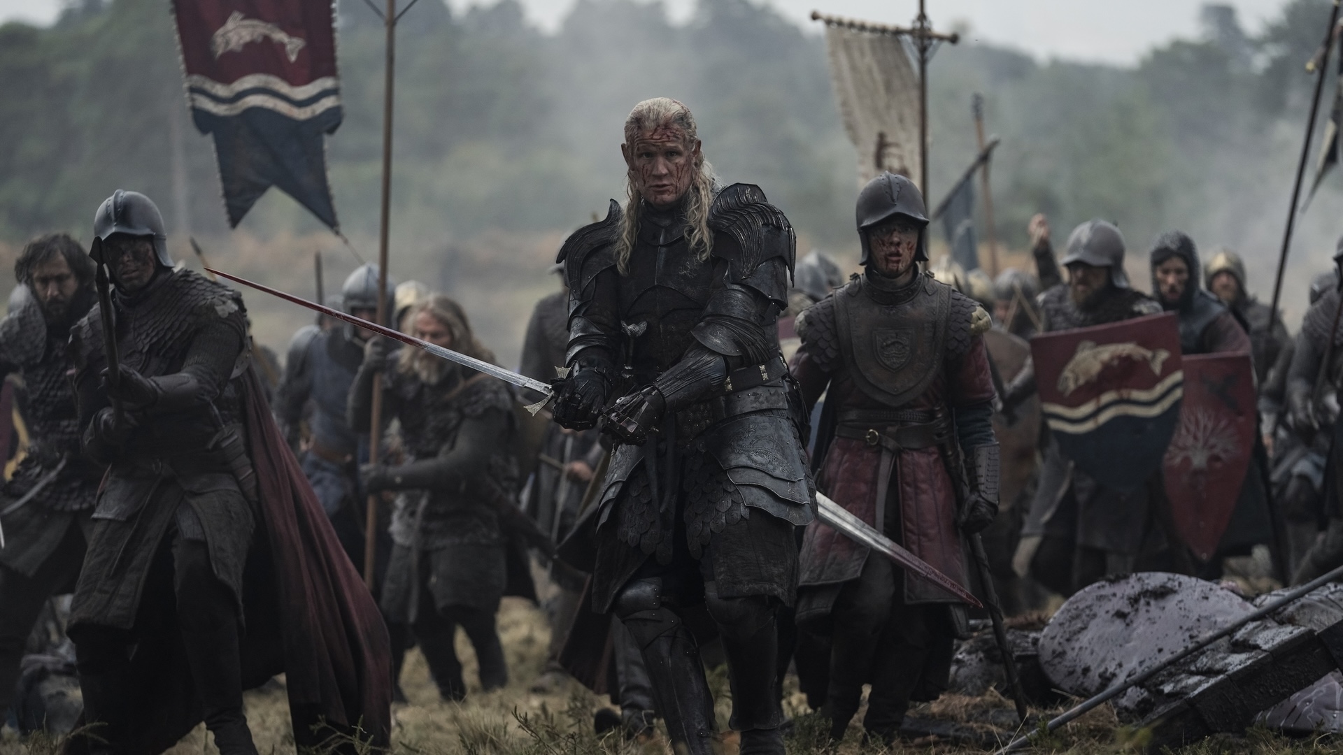 Daemon Targaryen (Matt Smith) leads Tully troops in battle in House of the Dragon season 3.