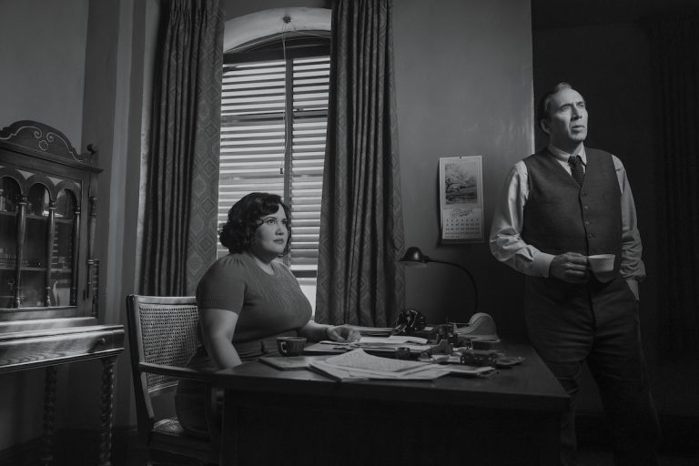 Janet Ross (Karen Rodriguez) and Ben Reilly/Spiderman (Nicolas Cage) in SPIDER-NOIR