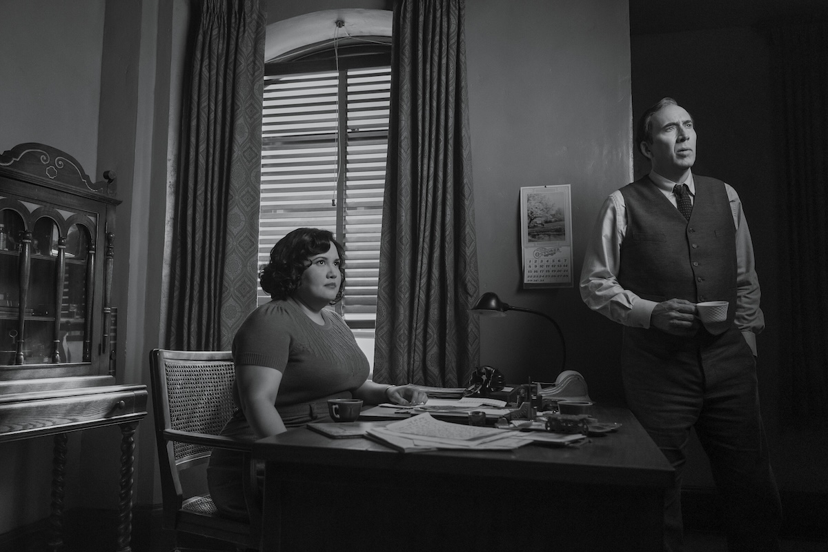 Janet Ross (Karen Rodriguez) and Ben Reilly/Spiderman (Nicolas Cage) in SPIDER-NOIR